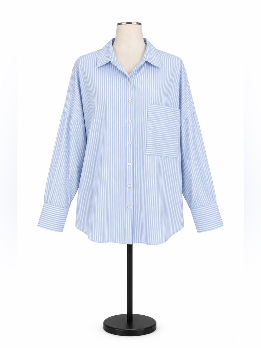 Zara Basic Blue & White Striped Cotton Button-Up Blouse Size Medium